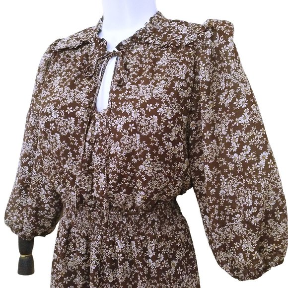 Vintage 90s Flower&Feather Prairie Dress -L Floral Tiered Ruffles Keyhole Brown - Picture 2 of 11
